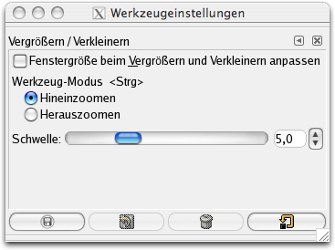 Eigenschaften für das Werkzeug Vergrößern / Verkleinern